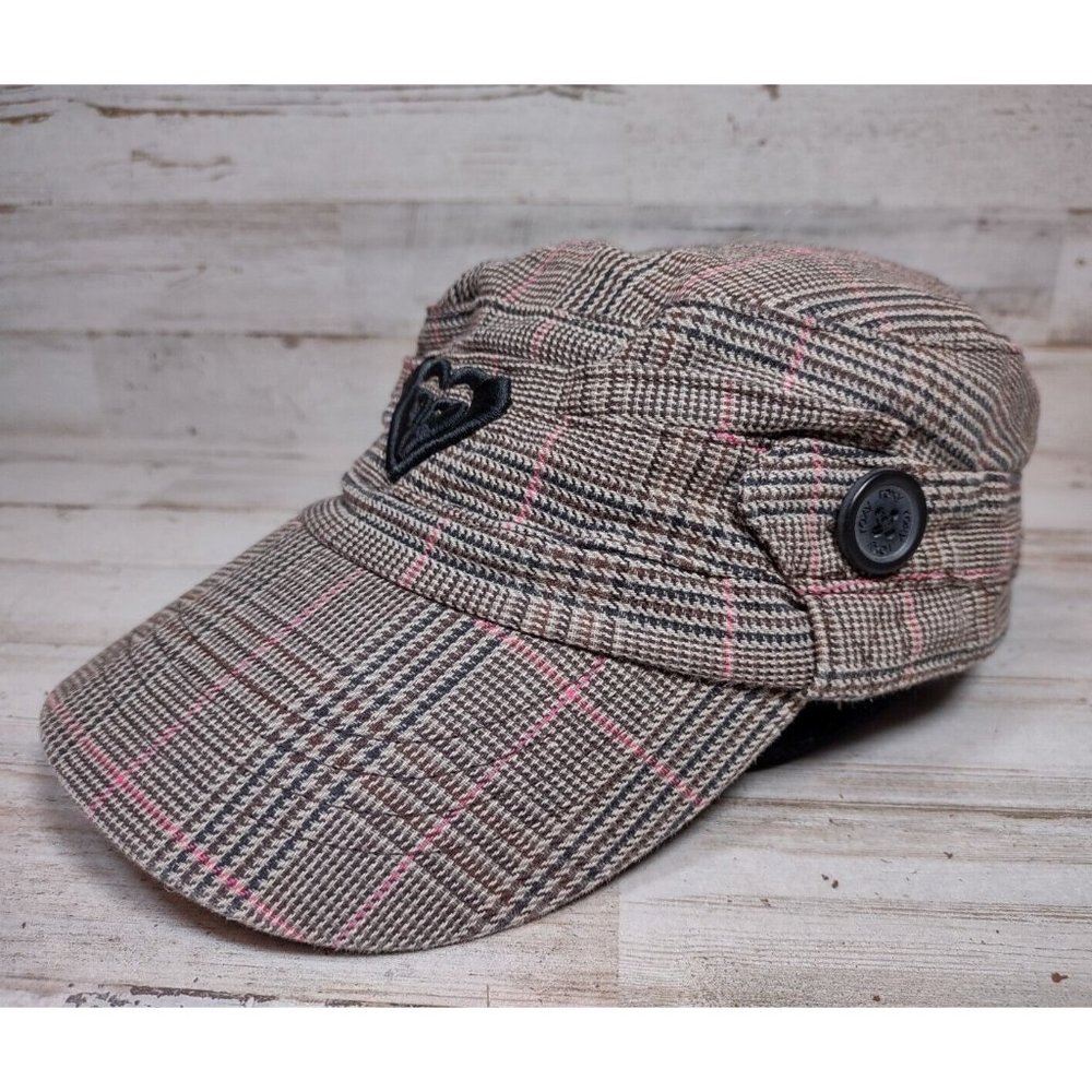 Vintage Roxy Plaid Military Style Hat Cap Embroidered Logo Button Woman's Surfer